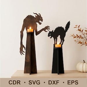 May include: Halloween-themed wooden candle holders. One is a dark brown silhouette of a monster with a candle, the other is a black cat silhouette with a candle. The holders are on a light brown surface. The bottom of the image has the text "CDR • SVG • DXF • EPS".