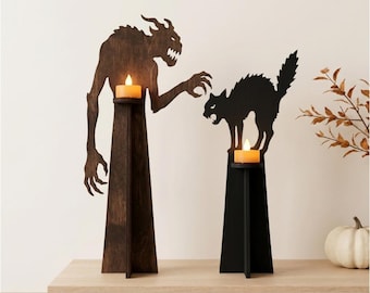 Halloween Monster and Cat candle holders SVG files, Laser cut tea light holders, Set of 2 decors, Woodworking file for Glowforge lasercut