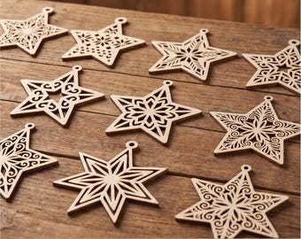 Star ornament SVG bundle,  Laser cut files for 9 Christmas tree decors, Wood or paper cutout vectors, Decorative silhouette cutting plan