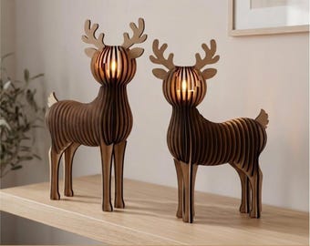 Archivo de corte láser de reno, archivos SVG para portavelas navideños, juego de 2 portavelas de reno, rompecabezas de madera de animales 3D, decoración de mesa con temática de bosque.