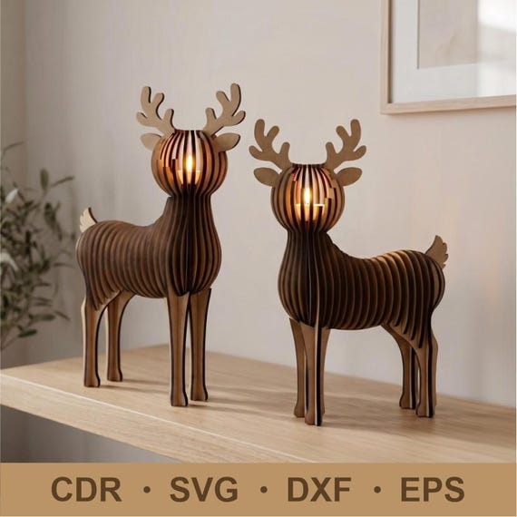 Reindeer Laser cut file, Christmas candle holder SVG files, Set of 2 deer tea light holders, 3D animal wood puzzle, Woodland table decor