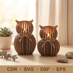 Owl SVG file for laser cut, LED holder files, Tea light candle lantern set, Glowforge 3D puzzle, Animal lasercut designs, Woodworking plans
