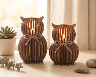 Owl SVG file for laser cut, LED holder files, Tea light candle lantern set, Glowforge 3D puzzle, Animal lasercut designs, Woodworking plans