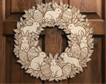 Spring door wreath SVG laser cutting file, Easter window decorations, Wooden bunny wreaths, Cricut and Glowforge files, Welcome home decor