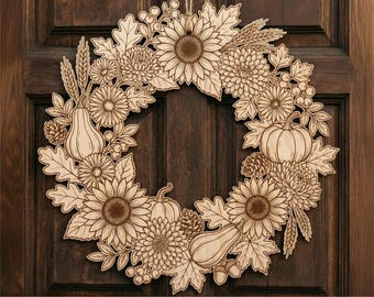 Corona de puerta con girasoles y calabazas, archivo SVG para corte láser, decoraciones otoñales para ventanas, coronas florales de madera, archivos Glowforge, decoración de bienvenida al hogar.