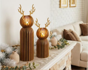 Laser cut candle holder SVG files, Christmas tealight lamp bundle, Deer lantern decor set of 2, Tea light candlestick, DIY Table centerpiece