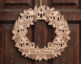 Christmas door wreath SVG laser cut file, Winter window decorations, Wooden village wreaths, XTool and Glowforge files, Welcome home decor