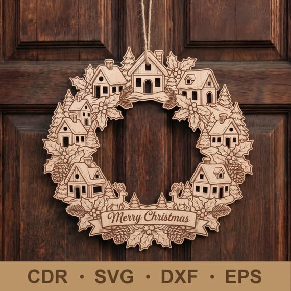 Christmas door wreath SVG laser cut file, Winter window decorations, Wooden village wreaths, XTool and Glowforge files, Welcome home decor