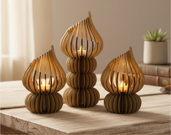 Tealight holder SVG laser cut file, Set of 3 tea light holders, Lasercut candle stand cutting files, Wooden candlestick lantern lamp bundle