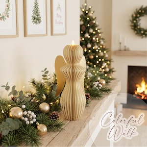 May include: A light-colored wooden angel figurine with a vertical slatted design and smooth, curved edges. The angel features a small, glowing light at the top and solid, flat wings extending from the sides, standing upright on a flat surface.