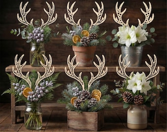 Deer antlers SVG laser cutting file, Christmas centerpiece decorations, Wooden reindeer horns on stick set of 6, Cricut and Glowforge files