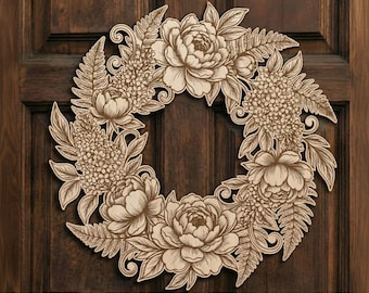 Guirnalda de peonías y lilas para puerta, archivo SVG para corte láser, decoración de ventanas de primavera, guirnaldas florales de madera, archivos para Cricut y Glowforge, decoración del hogar.