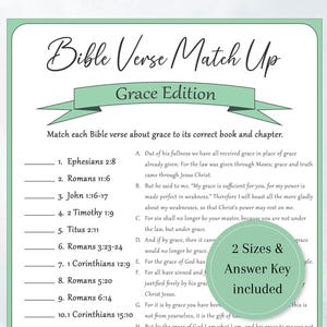 Puede incluir: Un juego de emparejamiento de versículos bíblicos verde claro, edición Grace, con una actividad de emparejamiento. El juego incluye versículos de Efesios, Romanos, Juan, Timoteo, Tito y Corintios. También está presente el texto "2 tamaños y clave de respuestas incluida".