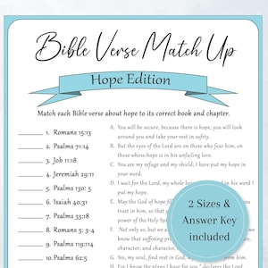 May include: A light blue and white Bible Verse Match Up game titled "Hope Edition". The game includes a matching activity with Bible verses and their corresponding book and chapter. The text "2 Sizes & Answer Key included" is also visible.