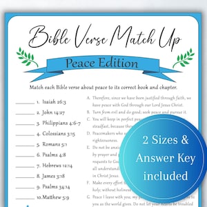 May include: A printable Bible verse matching game, "Peace Edition," with a blue and white design. The game includes verses from Isaiah, John, Philippians, and more. The image also states that two sizes and an answer key are included.