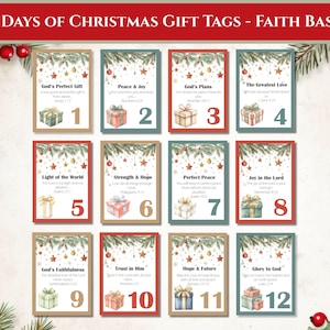 May include: A set of twelve Christmas gift tags with a faith-based theme. Each tag features a gift box illustration, a number, and a short inspirational message. The tags are decorated with festive elements like stars and greenery.