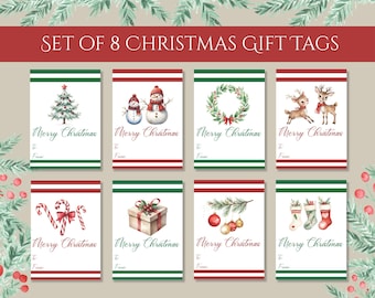 Könnte beinhalten: Set mit 8 Weihnachtskarten mit Aquarellillustrationen. Jede Karte zeigt ein anderes festliches Design, darunter einen Weihnachtsbaum, einen Schneemann, einen Kranz, Rentiere, Zuckerstangen, eine Geschenkbox, Ornamente und Strümpfe. Die Karten haben einen rot-grünen Rand und sagen "Merry Christmas".