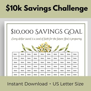 May include: A printable savings chart for a £10,000 savings challenge, featuring a floral design. The chart is divided into boxes, each representing £100. The text "£10,000 Savings Goal" is at the top, with the phrase "Every dollar saved is a seed of faith for the future God is preparing."