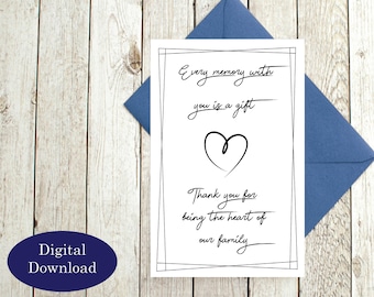 May include: A white card with black text and a heart design, placed on a wooden surface with a blue envelope. The card reads "Every memory with you is a gift. Thank you for being the heart of our family." A digital download label is also present.