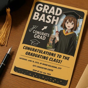 May include: Graduation announcement with the text "GRAD BASH" and "CONGRATS GRAD." The invitation features an anime-style illustration of a graduate in a cap and gown. The text reads "CONGRATULATIONS TO THE GRADUATING CLASS!"
