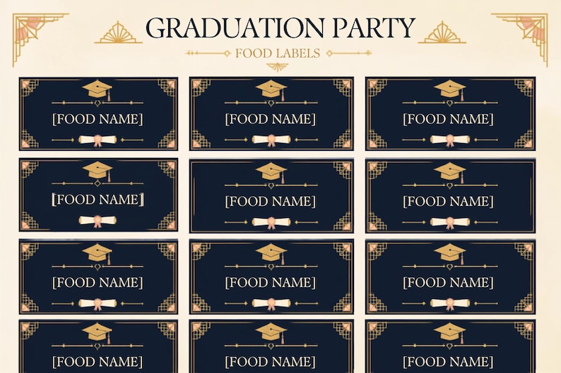 Navy Gold Art Deco Graduation Party Bundle, Editable Canva Templates ...