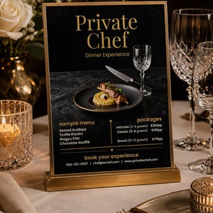 Mall för flygblad för middagsupplevelse med privat kock | Lyxig cateringmeny (Canva)