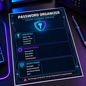 Pode incluir: Uma folha organizadora de senhas com um design de circuito digital em azul escuro e roxo. Inclui seções para detalhes de login, recuperação e revisão de segurança, com um ícone de escudo e o texto Password Organizer Secure Account Tracker.