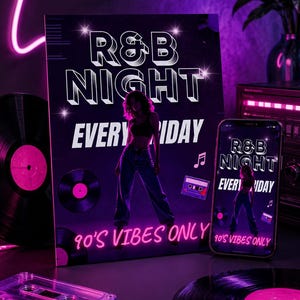 Könnte beinhalten: Ein rechteckiges Poster und ein Smartphone zeigen den Text R&B NIGHT EVERY FRIDAY 90'S VIBES ONLY. Das Design zeigt die Silhouette einer Person, Schallplatten und eine Kassette in einem violetten Neon-Farbschema mit heller weißer Schrift.