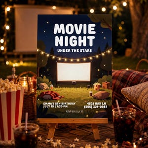 May include: A rectangular invitation card featuring a nighttime outdoor movie scene with string lights, a projector screen, and grass. The text reads MOVIE NIGHT UNDER THE STARS, EMMA'S 8TH BIRTHDAY, JULY 19 | 7:30 PM, 4521 OAK LN (555) 321-0987, RSVP BY JULY 12.