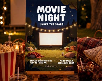 May include: A rectangular invitation card featuring a nighttime outdoor movie scene with string lights, a projector screen, and grass. The text reads MOVIE NIGHT UNDER THE STARS, EMMA'S 8TH BIRTHDAY, JULY 19 | 7:30 PM, 4521 OAK LN (555) 321-0987, RSVP BY JULY 12.