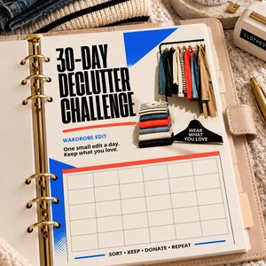 May include: A 30-day declutter challenge planner page featuring the text 30-DAY DECLUTTER CHALLENGE, WARDROBE EDIT, One small edit a day. Keep what you love., and SORT • KEEP • DONATE • REPEAT. Includes a grid, a clothing rack illustration, and a stack of folded shirts.