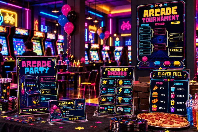 Arcade Party Bundle | Editable Canva Invitation, Player Card ...