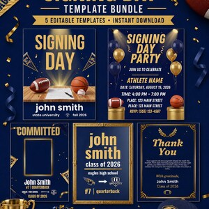 May include: A Signing Day template bundle featuring five editable designs in navy blue and gold. The graphics include footballs, basketballs, balloons, a trophy, and a baseball cap, with text placeholders for athlete names, dates, and school details.