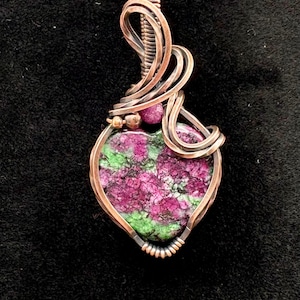 Wire Wrapped Ruby Zoisite Pendant: Oxidized Copper