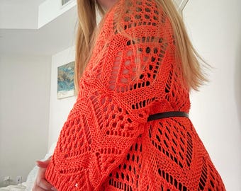 Handmade Crochet Cover up | Oversized Coral Boho Knit Summer Kimono
