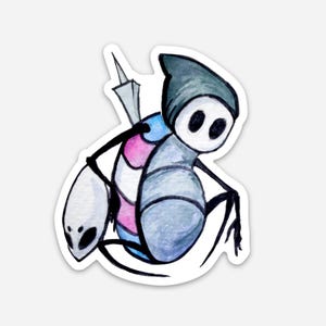 May include: A watercolor sticker featuring a stylized insectoid character with a white face and large black eyes. The character has a gray body, a black hood, and a backpack with pink and blue accents. A small, white alien-like figure is on the left.