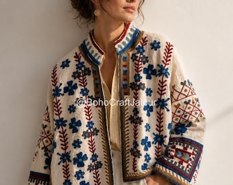 Chaqueta bohemia de algodón bordada, abrigo floral indio hecho a mano, prenda de abrigo artesanal.