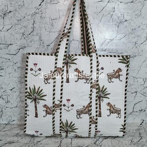 Tiger Print Cotton Tote Bag: Handmade Quilted Market Bag