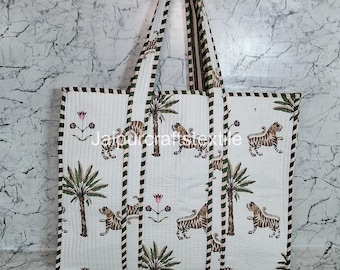Tiger Print Cotton Tote Bag: Handmade Quilted Market Bag