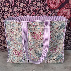 Quilted Cotton Handprinted Reversible Large Tote Bag Eco friendly Sustainable Sturdy Grocery Market Bag Shopping Bags Woman's Travel Bag