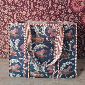 Handprinted Floral Quilted Cotton Tote Bag: Large Reversible Beach Bag