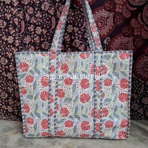 Floral Print Cotton Tote Bag: Handmade Quilted Market Bag