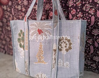 Large Quilted Cotton Tote Bag: Hand-Printed Travel Handbag