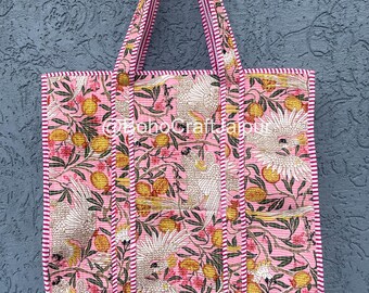 Quilted Cotton Tote Bag: Hand-Printed Market Purse