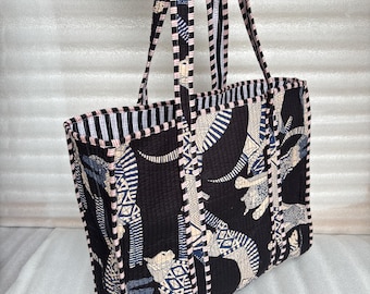 Hand-Printed Cotton Quilted Tote Bag: Large Travel Shopping Bag