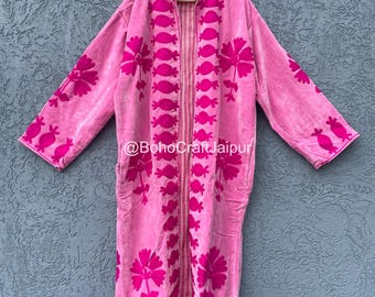 Suzani Velvet Embroidered Kimono Jacket: Women's Cotton Robe