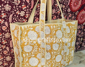 Floral Quilted Cotton Tote Bag: Large Boho Shopping Purse