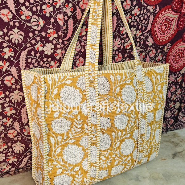 Floral Quilted Cotton Tote Bag: Large Boho Shopping Purse