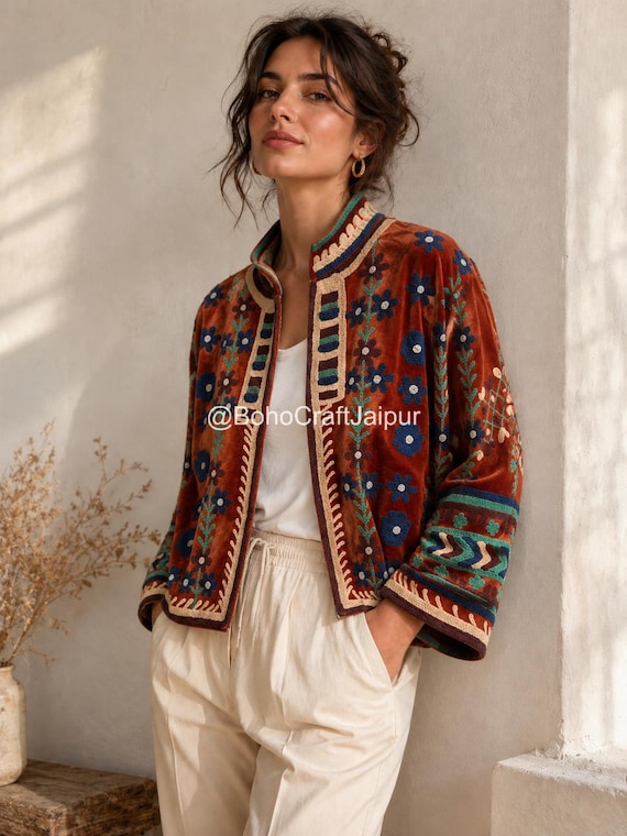 Suzani Velvet Embroidered Jacket – Handmade Indian Boho Coat