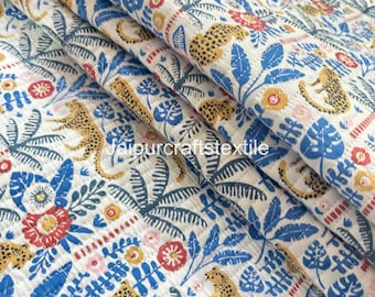 Hand Block Printed Quilted Cotton Fabric: Home Decor Sewing Material By The Yard